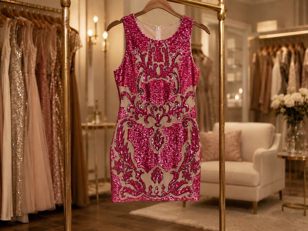 Needle & Thread Pink Sequin Beaded Mini Dress Size 2 Cocktail Prom Party Glam